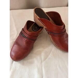 Skandals Swedish Wooden Clogs Womens 38 Leather Mules Cognac Brown 904 Vintage